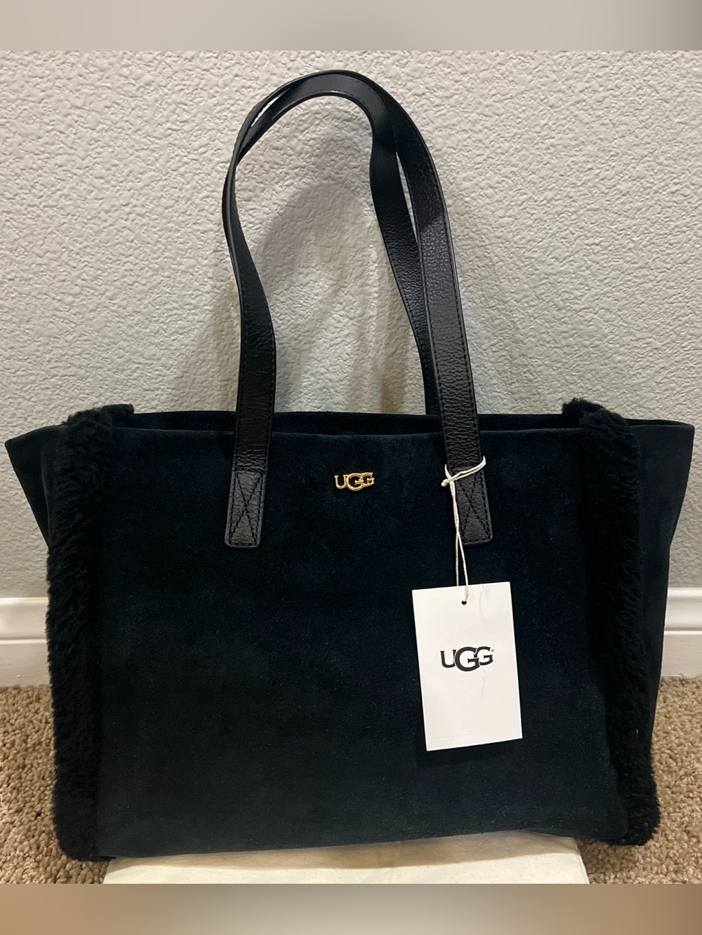 UGG Black Charlee Tote Cow Suede/Leather/Sherpa Purse NWT